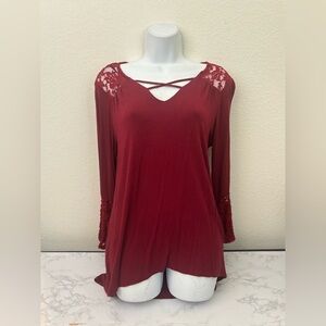 NY Collection Long Sleeve Strappy Blouse Size S Shirt Red Pullover Top